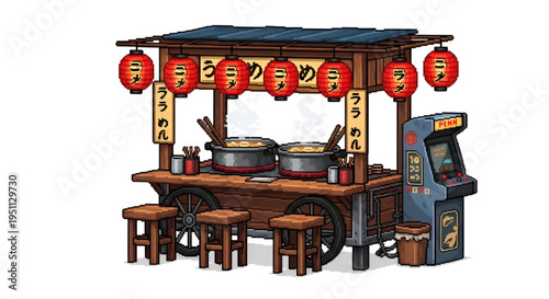 Cyberpunk Japanese Ramen Street Food Stall Pixel Art
