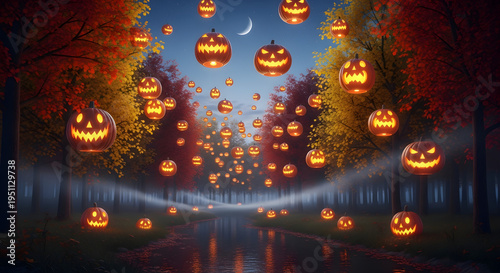 A spooky forest filled with glowing jack-o-lanterns on a dark night