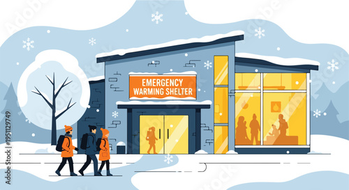 Stylized illustration of an emergency warming shelter on a snowy day with people arriving