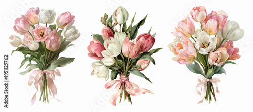 Three watercolor bouquets of pink and white tulips with green leaves, each tied with a complementary ribbon, delicate botanical illustrations evoking spring freshness and romantic charm