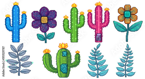 Cybernetic Bio-Tech Plants and Cactus Pixel Art Collection