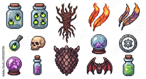 Magic RPG Alchemy Items and Crafting Ingredients Pixel Art