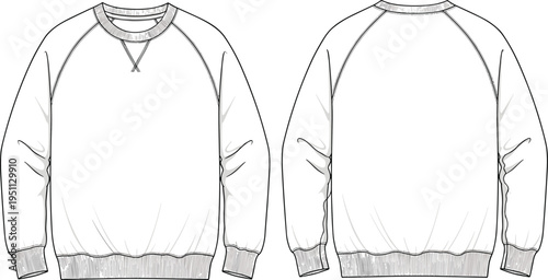Men raglan sweatshirt technical fashion flat sketch, front and back view, long sleeve crew neck pullover, casual apparel design vector illustration template