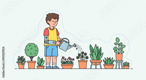 A boy with a prosthetic arm waters various potted plants and trees