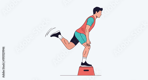 Man performs single leg step up exercise on a plyometric box in flat design