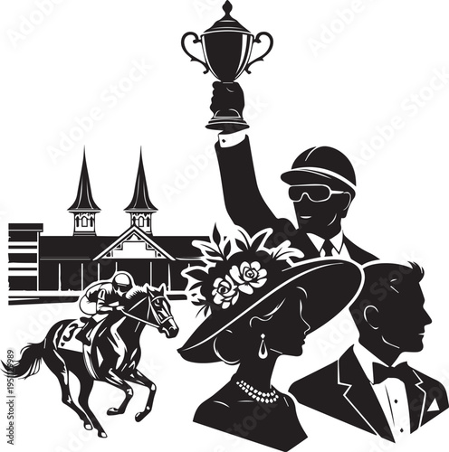 Horse racing victory vector silhouette illustration with trophy and elegant derby spectators