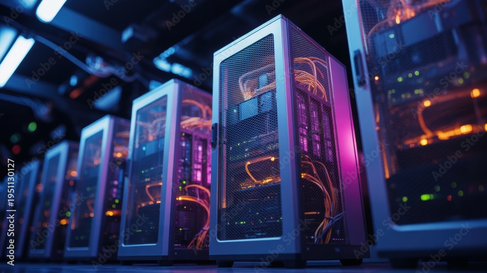 Obraz premium High performance computer servers in a data center with glowing lights inside
