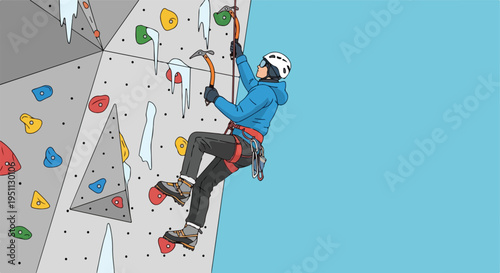 Person ice climbing on a textured wall with colorful grips and icicles