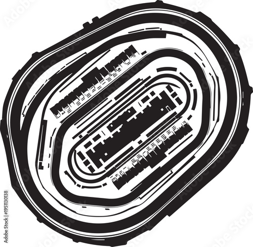 Race track vector silhouette illustration, line art aerial view of stadium and oval circuit