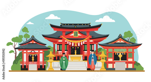 Stylized illustration of a Japanese shrine with people in traditional attire