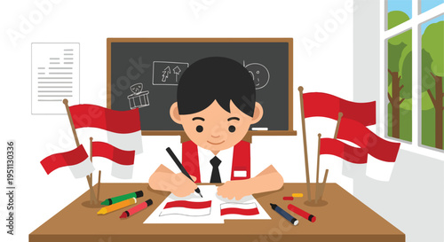 Young student drawing flags at a desk adorned with national symbols