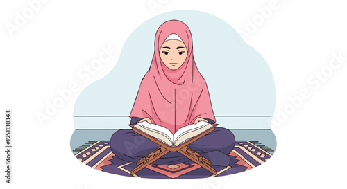 A person in a pink hijab reads a book on a patterned rug