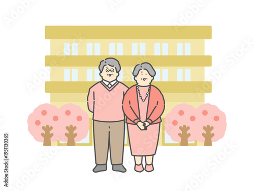 老人ホーム　介護施設　建物　高齢者　桜　イラスト