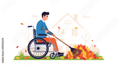 A person in a wheelchair rakes fallen autumn leaves outside a house