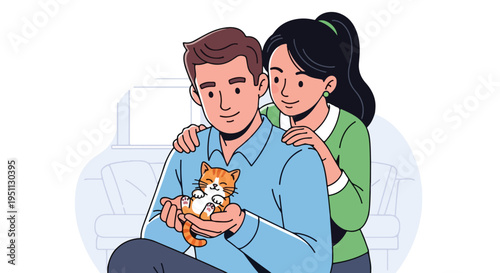 A couple shares a moment of tenderness, holding a playful ginger kitten