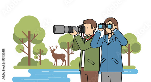 Two people in a natural setting observing a deer with binoculars and camera