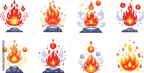 Fire flame magic effects vector set with burning elements, sparks, smoke, glowing energy and fantasy fire icons in vibrant cartoon illustration style for design