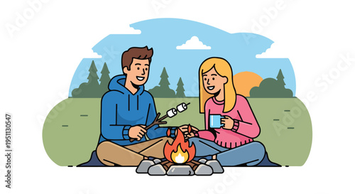 A smiling couple sits by a campfire, roasting marshmallows under a sunset sky