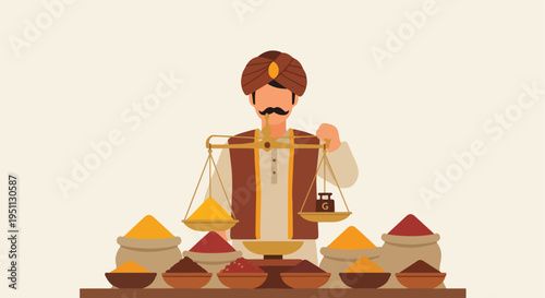 Illustrated man in traditional attire weighs spices using a vintage scale