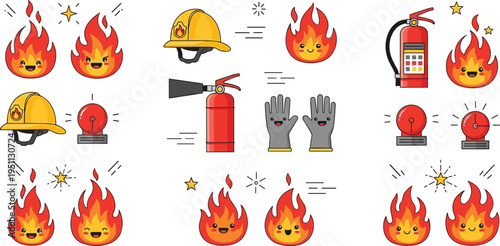 Fire safety icons vector set with flames, extinguisher, helmet, gloves and alarm symbols in cute cartoon style for emergency protection design