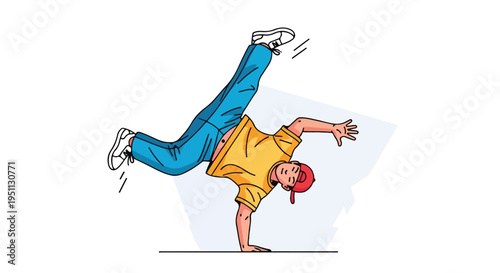 Cartoon man in yellow shirt and blue pants performing a breakdance move