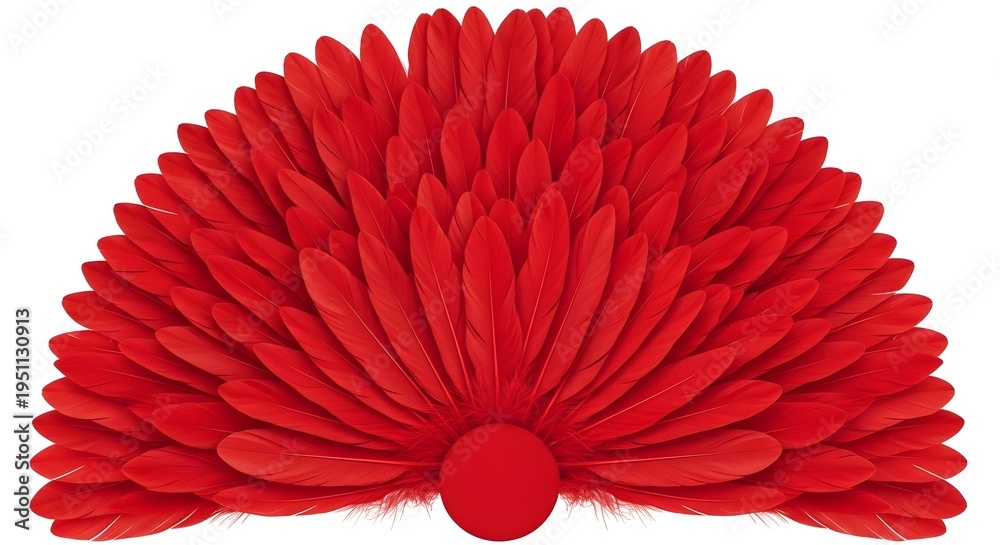 Obraz premium Symmetrical arrangement of vibrant red feathers fanned out in a semi circle shape against a clean white background with a central round base