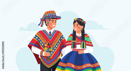 Festive couple in vibrant traditional attire with flowers against sky
