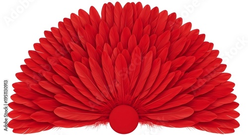 Symmetrical arrangement of vibrant red feathers fanned out in a semi circle shape against a clean white background with a central round base