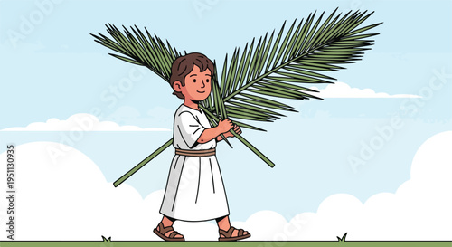 A young child in a toga carries palm fronds under a blue sky
