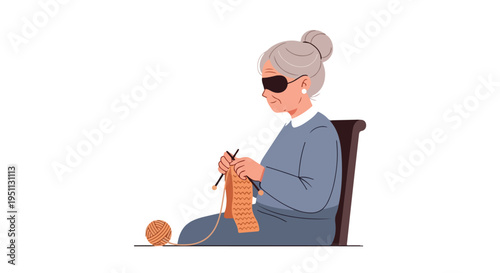 Elderly person with eye patch knitting a textured fabric with yarn