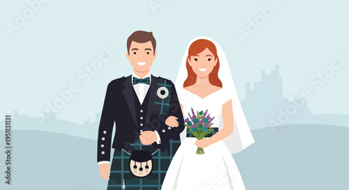 A bride in a white gown and groom in a kilt and tuxedo