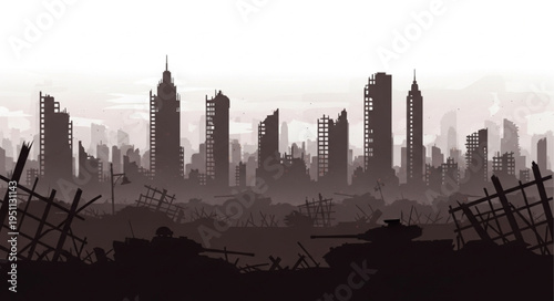 Abandoned cityscape with skyscrapers.