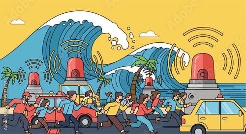 People flee a tsunami as warning sirens blare from vehicles and towers