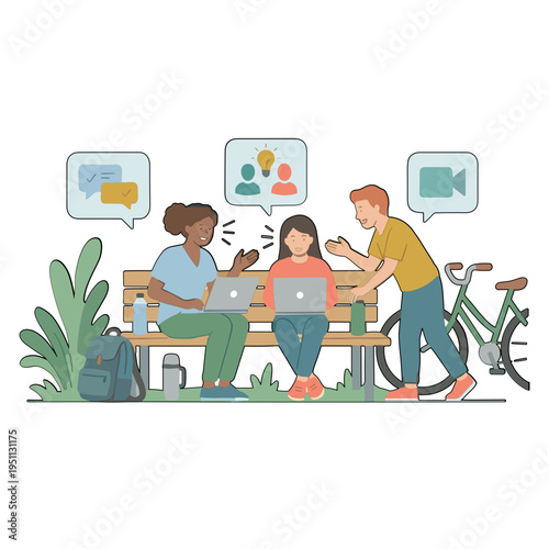 People discuss on laptop outdoors in park with bicycle