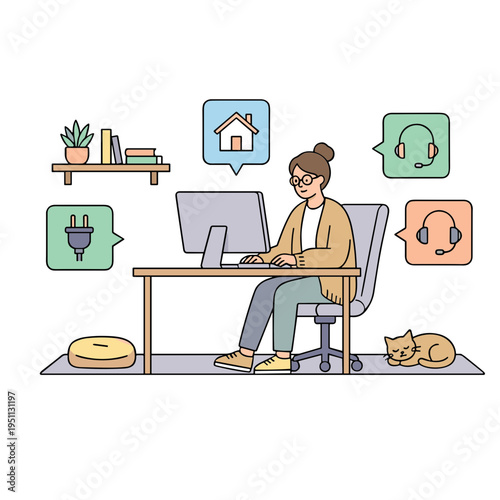 A woman works on her computer at home with her cat.
