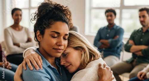 Woman embracing crying woman during support group session. Friends comforting each other in therapy circle. Emotional connection, mental health recovery, collective healing, empathy and grief.