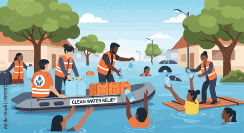 People in orange vests distribute clean water during a flood in a flooded neighborhood