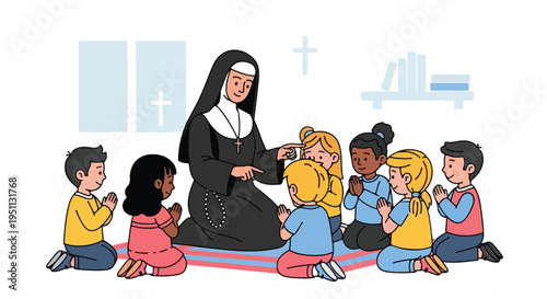 A nun leads children in prayer and religious education lesson