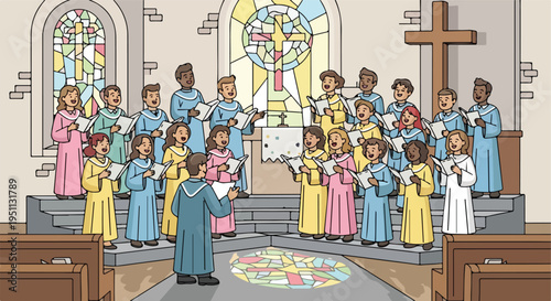 A diverse choir sings hymns in a church, illuminated by a stained-glass window