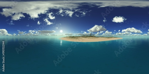 Tropical island with a palm tree at sunset. HDRI, environment map , Round panorama, spherical panorama, equidistant projection, panorama 360, seascape, 3d rendering.