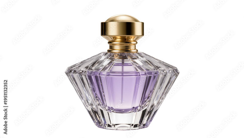 Obraz premium Elegant faceted glass perfume bottle with a luxurious gold cap and delicate purple liquid, isolated PNG on transparent background, luxury fragrance product