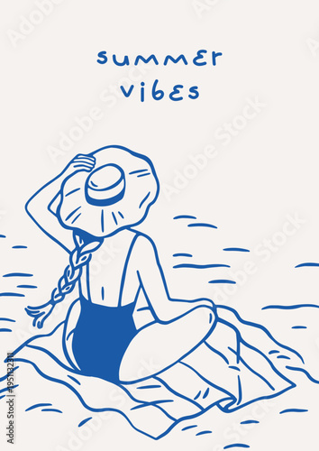 Dolce vita summer vacation, poster design. Woman in hat on sand beach, sea re...