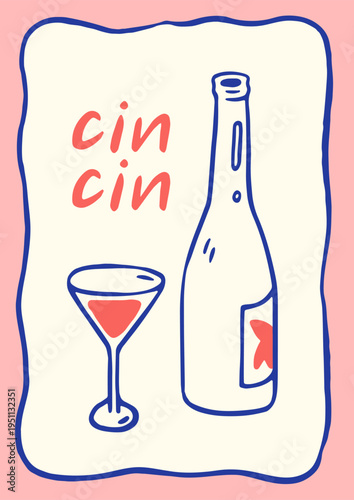 Alcohol bottle and wine glass, Dolce vita scribble card. Italian poster desig...