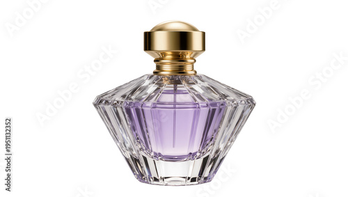 Photography Elegant faceted glass perfume bottle with a luxurious gold cap and delicate purp