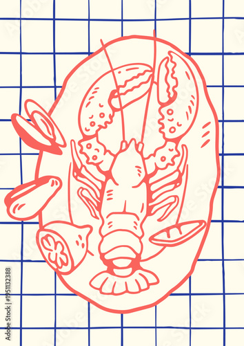 Lobster, sea food, doodle dolce vita poster. Italian coastal dish, sketch scribble card design. Hand-drawn seafood delicatessen, snack on table, handdrawn sketchy style. Flat vector illustration