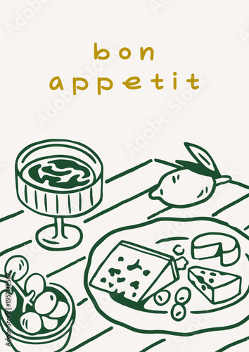 Bon appetit card with drink and snack on table. Outline sketch, doodle drawing, retro Dolce vita poster design with food, cheese, wine, grapes. Hand-drawn postcard, line vector illustration