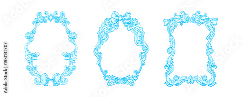 Elegant baroque frame with hand drawn romantic ribbon. Ideal for new born decor, antique wedding decorative border. Vector holiday collection. Vintage ornate mirror