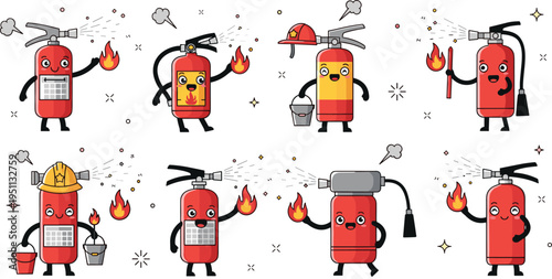 Cute fire extinguisher characters vector set with safety equipment mascots, firefighting actions, flames and emergency elements in playful cartoon illustration style