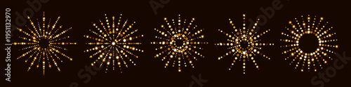 Abstract exploding festive firework isolated on black background. Geometric snowflakes made of sparkling glitter, sequins for banner, flyer, greeting card. Decorative element for New Year. EPS10