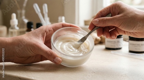 Hands mixing cosmetics in bowl, cosmetic cream mixing with smooth skincare cream texture for beauty laboratory background, skincare education material and cosmetic branding